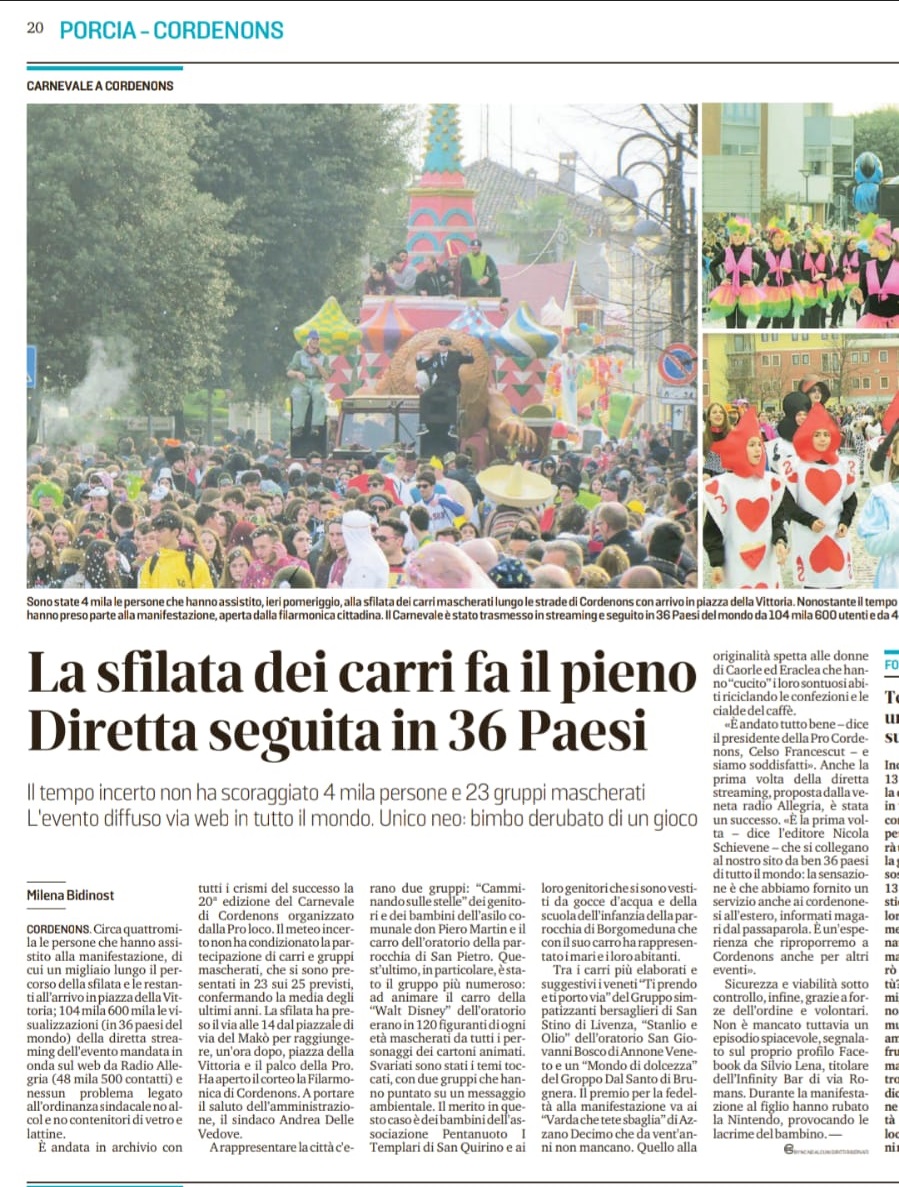 Diretta Streaming da Cordenos "Sfilata dei carri allegorici" in collaborazione con Radio Allegria 